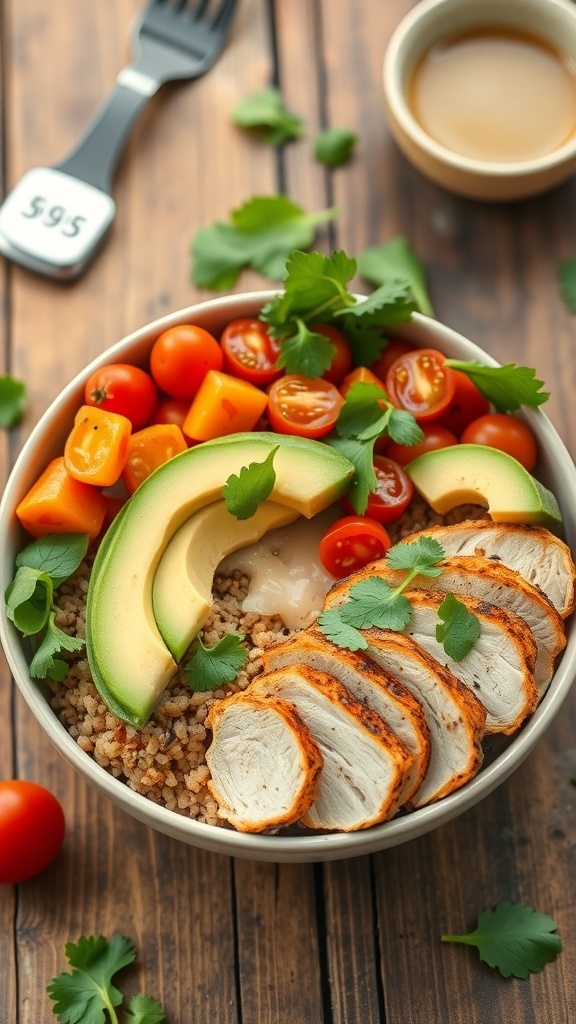 A colorful quinoa bowl with chicken, sweet potatoes, tomatoes, and spinach, garnished with avocado and cilantro.